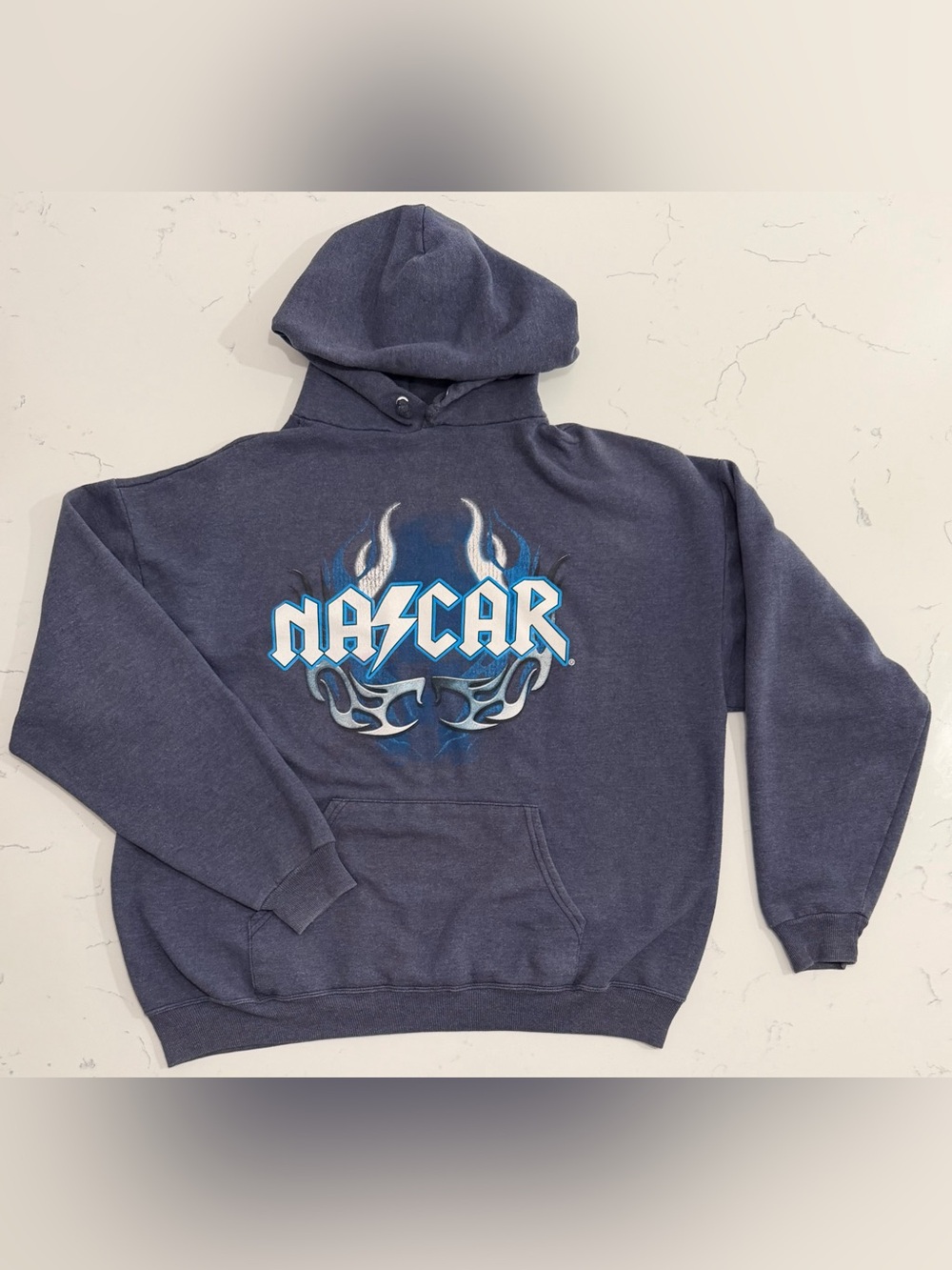 Vintage NASCAR Hoodie XL Blue Tribal Flame Graphic Pullover Jerzees Racing Y2K